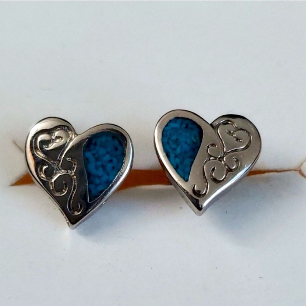 Sterling Silver 925 Crushed Turquoise Half Heart Earrings